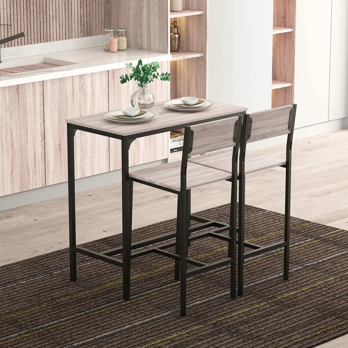 HOMCOM Conjunto Mesa Alta de Cocina con 2 Taburetes, Mesa de Bar Alta, Ahorro de Espacio, para Pisos Pequeños, Comedor, Balcón o Isla Cocina, Estilo Industrial, 89x45x87 cm, Natural y Negro