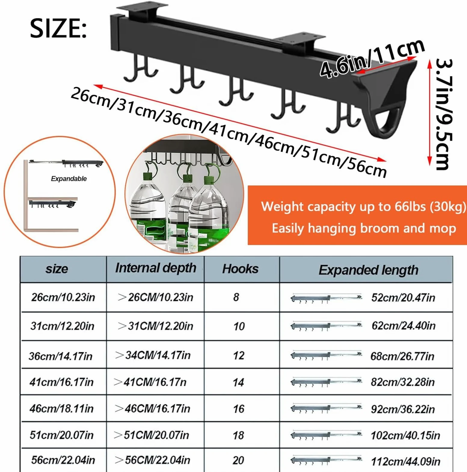 Organizador Extraíble De Ollas Y Sartenes, Soporte Extraíble para Escobas Y Trapeadores, Riel para Colgar Soporte De Armario De Aleación De Aluminio con Ganchos Ajustables(22.04in-20 Hook)