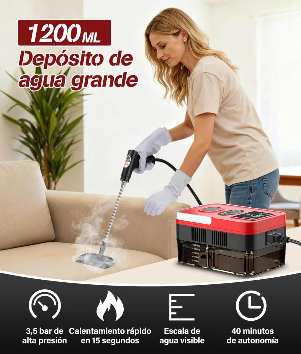 PAHTTO Limpiador a vapor multifuncional, depósito de agua de 1200 ml, pantalla LCD y mango ajustable, 20 accesorios, tiempo de calentamiento de 15 segundos, para cocina, sofá, ventanas, coche, etc.