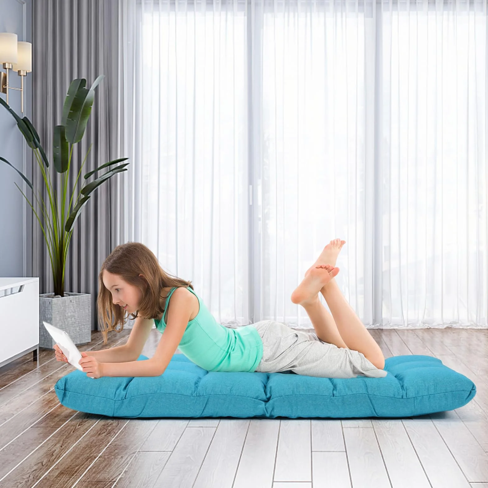 LIFEZEAL Silla de Suelo, sofá Perezoso Individual, Silla de Piso Plegable con 14 Compartimentos, sofá de Suelo con Respaldo Ajustable, Silla de meditación y sillón de Lectura, vellón Coral (Azul)