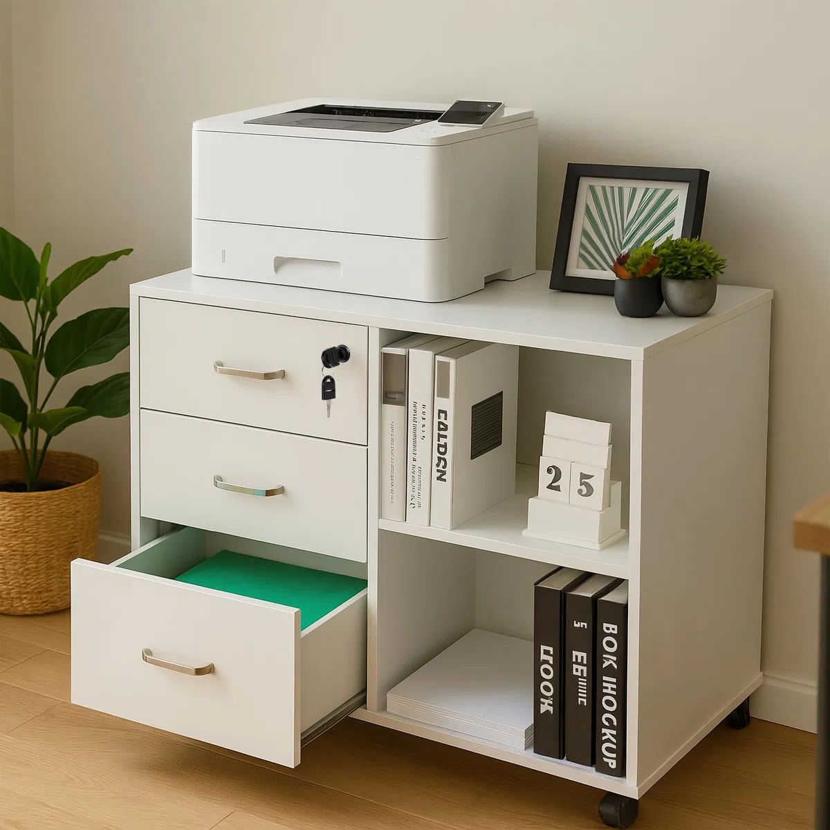 Relaxdays Mueble Archivador, 3 Cajones, 2 Compartimentos, 66x80x40 cm, 4 Ruedas Cajonera Oficina, con Llave, Blanco