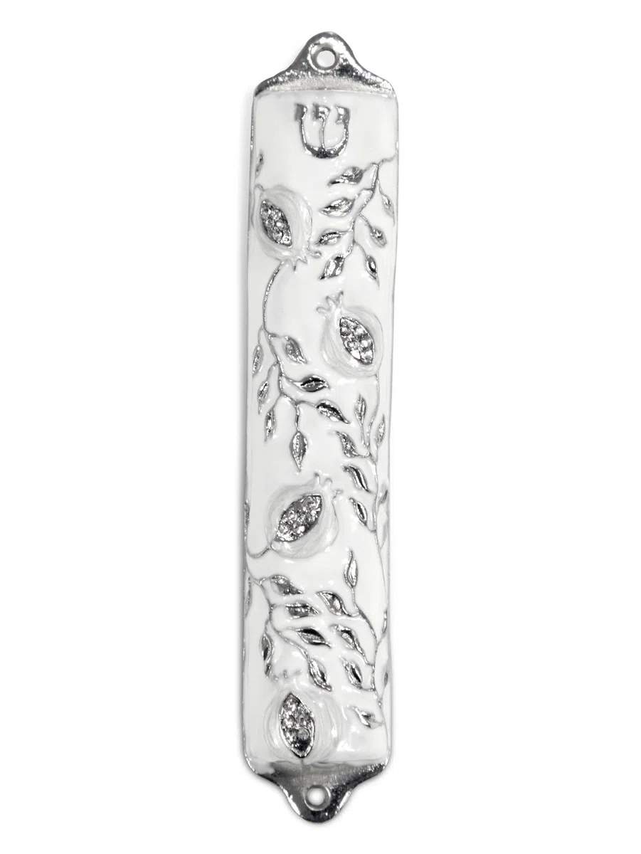 Mezuzah Case - Funda Mezuzah, diseño de árbol de Granada Fabricado en Peltre, Jerusalén Judaica, Funda Mezuza para Puerta de 4 Pulgadas, Color Blanco de Boda