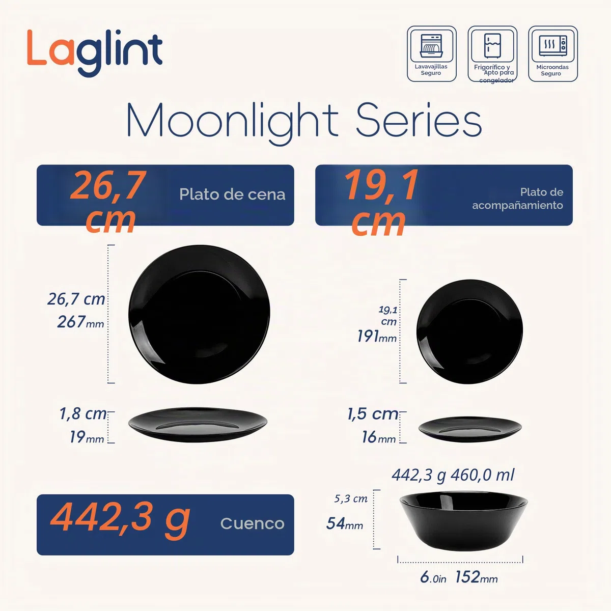 LaGlint Juego de Vajilla 18 Piezas Negro, Vidrio Opalino Vajilla para 6 Personas con 6 Platos Llanos, 6 Platos de Postre y 6 Cuencos de Cereales, Aptos para Lavavajillas y Microondas
