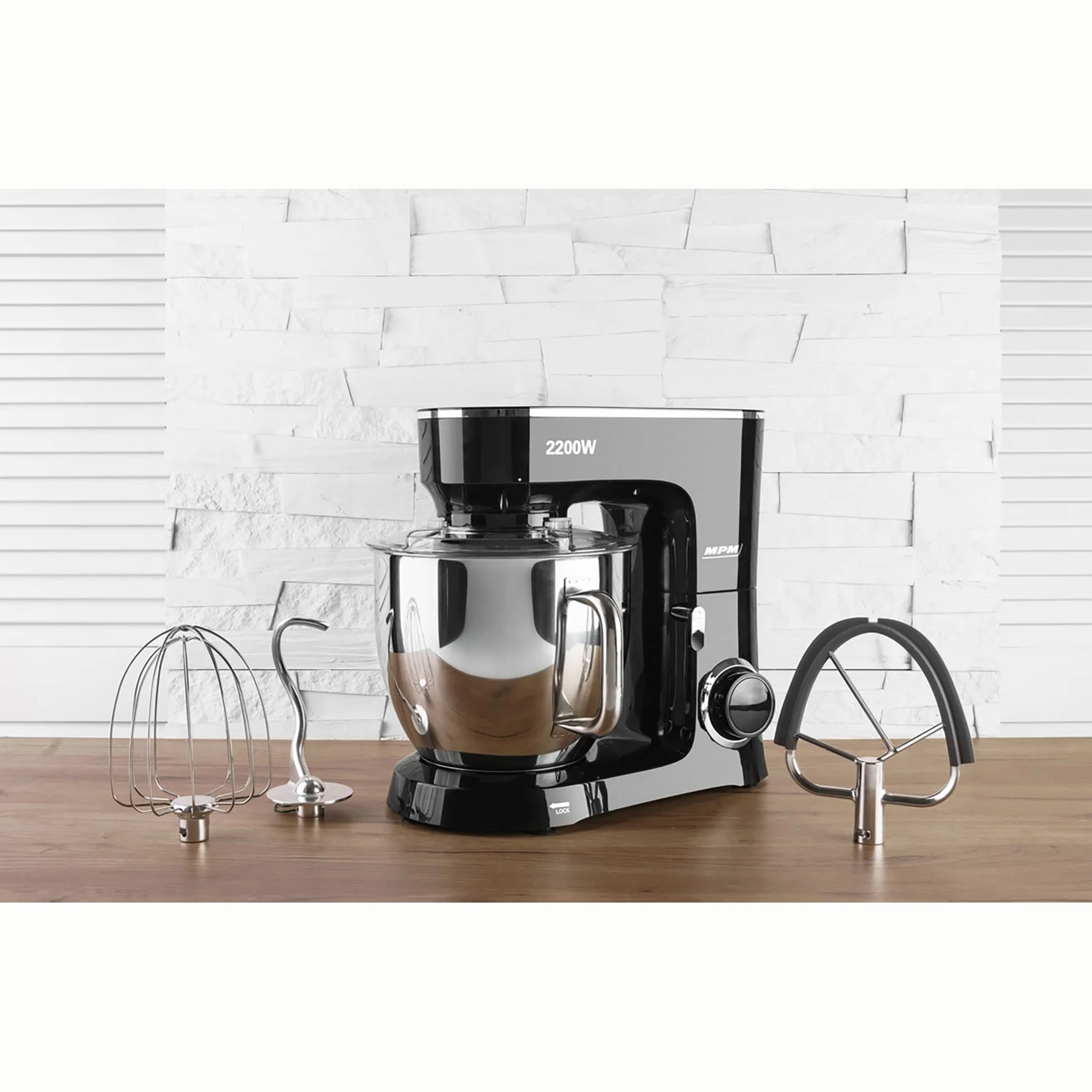 MPM Batidora Amasadora Repostería Profesional Robot Cocina Orbital 2200W Máx. 6,5L Bol Acero Inox, 6 Velocidades + Función Pulso, Sistema Planetario, 3 Accesorios+ Báscula, MRK-19B
