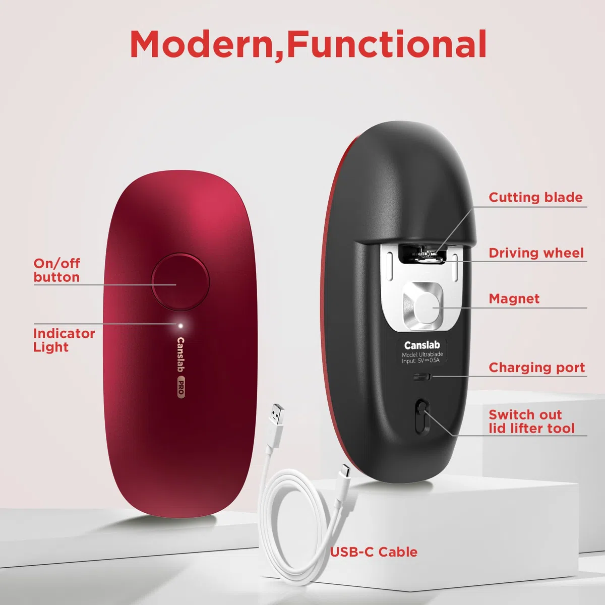 Canslab Ultrablade PRO - Abrelatas eléctrico recargable por USB para cocina para personas mayores con artritis - Abrelatas automático de un solo toque, borde liso, abrelatas de tamaño pequeño, rojo