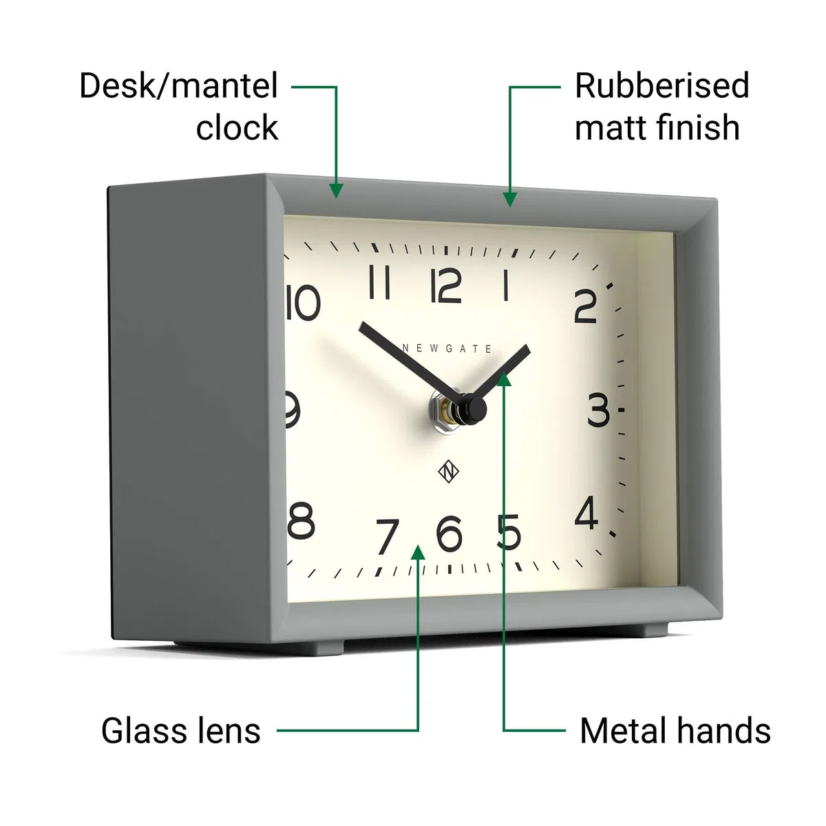 NEWGATE® Henry Reloj de Escritorio | Diseño Rectangular contemporáneo | Gris Elegante | Monjers fáciles de Leer | Estilo Moderno para Escritorio, encimera, estantería o mesilla