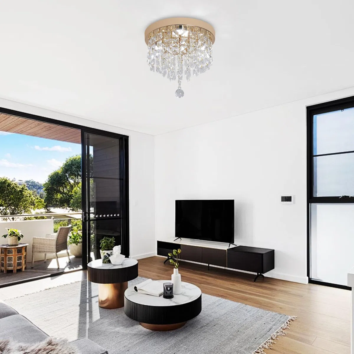Deckrico Lámpara de Techo LED Dorada con Cristales, Luz Blanca, Moderna para Recámara, Baño, Clóset o Pasillo