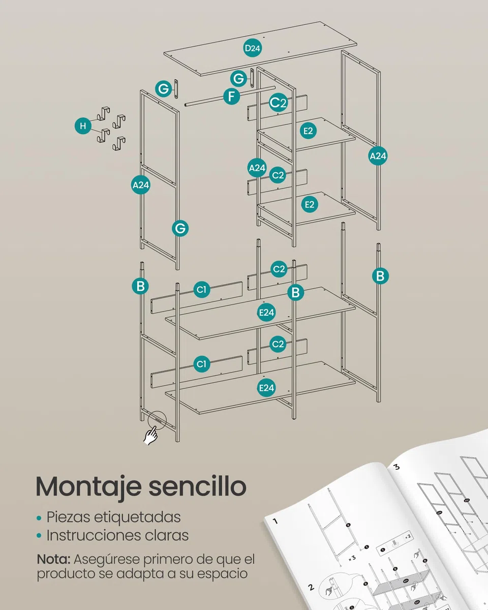 SONGMICS Guardaroba, Stand Appendiabiti, Armadio Aperto con Aste per Appendere, Ripiani Portaoggetti, Ganci Rimovibili, 98 x 40 x 181 cm, Marrone Vintage RGR024B01