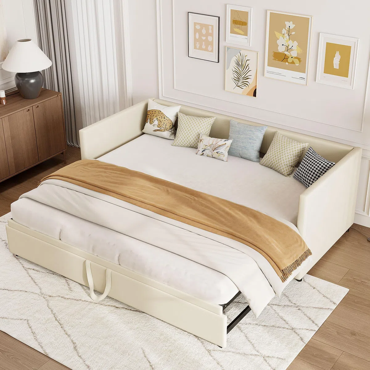 Sofá cama 90/180 x 200 cm, cama nido a la misma altura, cama con cama nido, sofá cama doble con somier, terciopelo (Beige, 90/180 x 200 cm)