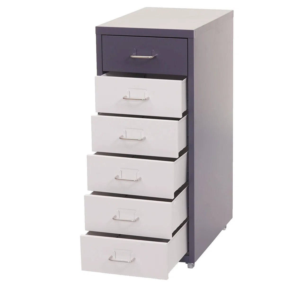 Mendler Cajonera con ruedas Boston T851, armario de acero, 69 x 28 x 41 cm, 6 cajones, gris oscuro, blanco y gris oscuro