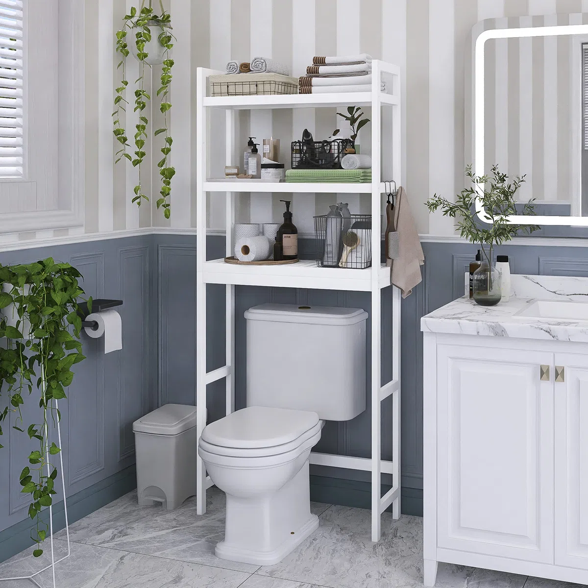 SMIBUY Estante de Almacenamiento para Baño, Estante Organizador de Bambú sobre el Inodoro, Ahorro de Espacio para Inodoro Independiente con Estantes Ajustables de 3 Niveles (Blanco)