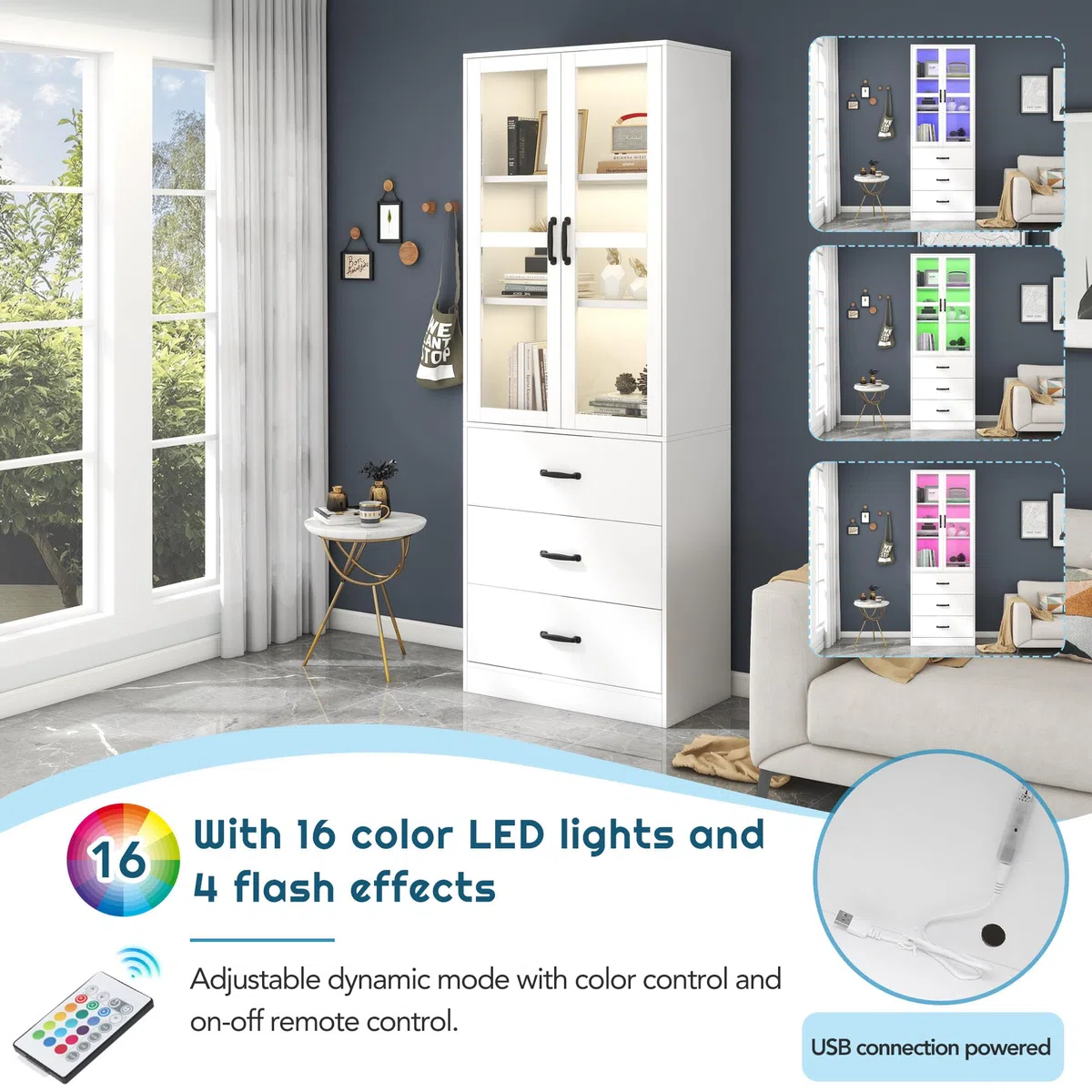 Vitrina blanca 200 cm, 3 cajones, 2 divisores móviles, 2 puertas de cristal, iluminación LED - adición elegante