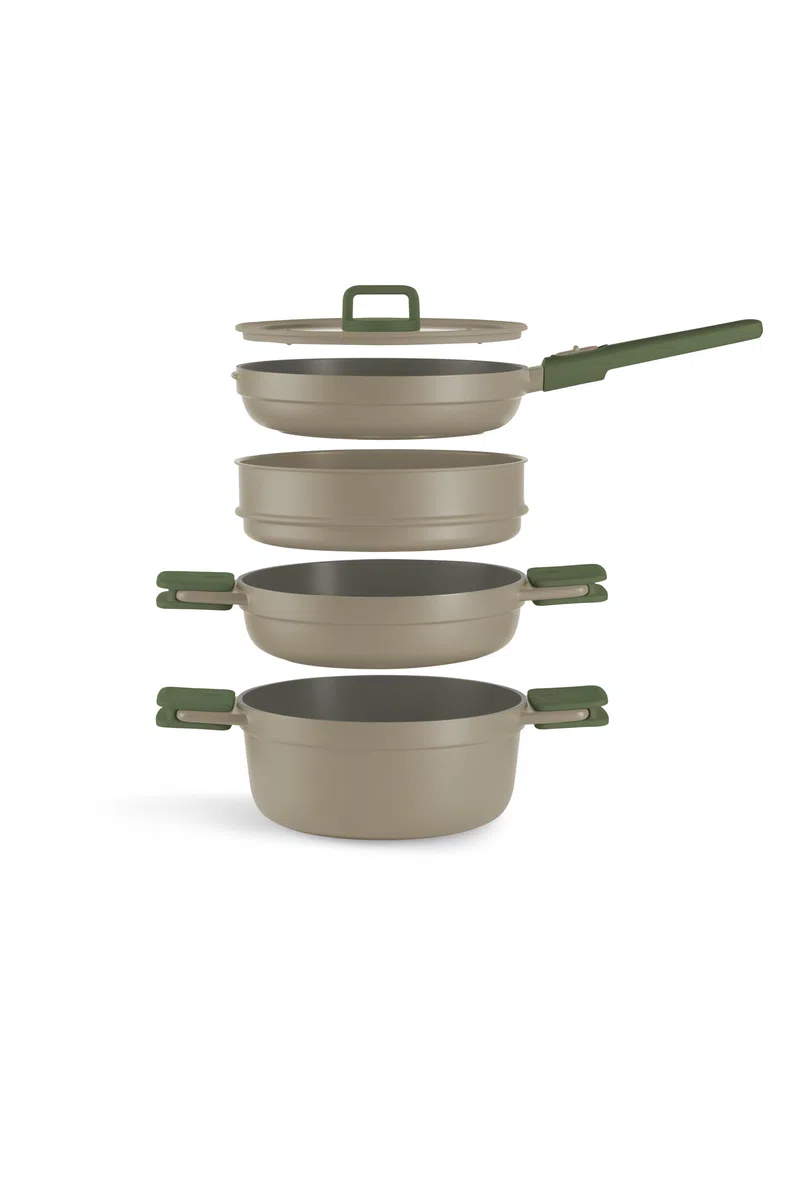 BRA Compac Pro Ceramic | Batería de cocina apilable de 5 piezas, aluminio fundido con antiadherente cerámico, compatible con todo tipo de cocinas, incluida inducción