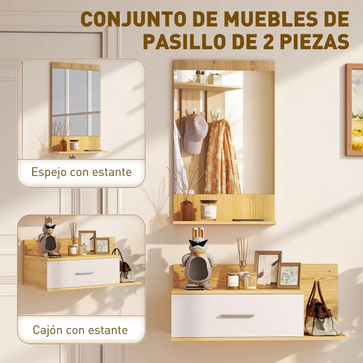 HOMCOM Conjunto de Recibidor de Entrada de Pared con Espejo, Cajón y 2 Estantes Abiertos, Muebles Recibidor para Pasillo, Madera Natural