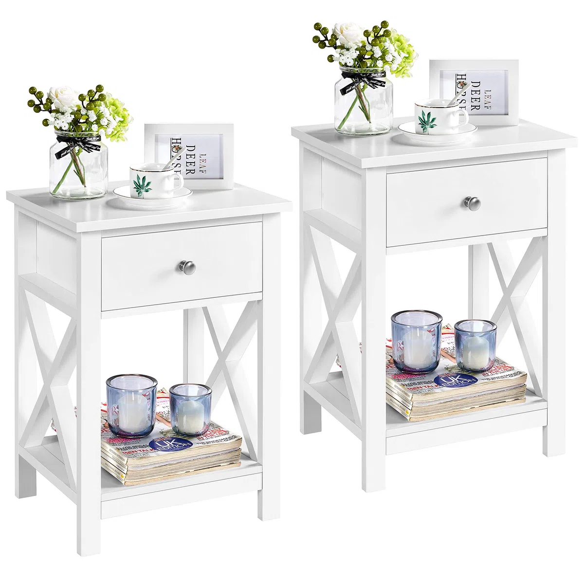Yaheetech 2pcs Mesitas de Noche con Cajón y Estante 40x30x55cm Mesillas de Noche Vintage para Dormitorio Mesa Auxiliar para Salón Sala de Estar Blanco Satinado