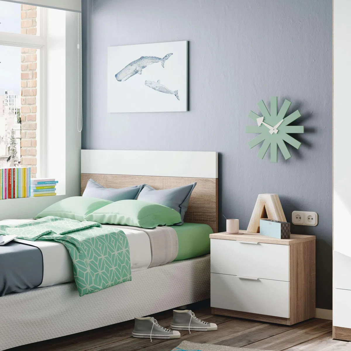 Miroytengo Conjunto Dormitorio Cabecero de Cama de 90 con Mesita Luca Color Blanco Mate y Roble Canadian