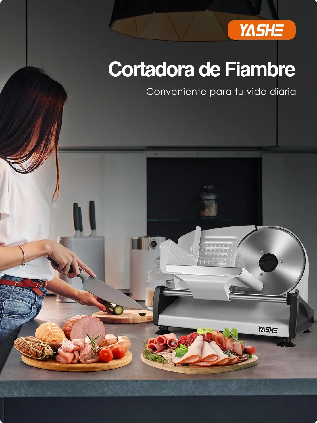 YASHE Cortadora De Fiambre, 150W Cortafiambres Para Carne Y Pan Con Cuchilla De Acero Inoxidable Removible 19cm, Grosor Ajustable 0–15mm, Bloqueo De Seguridad, Patas Ventosa Para Carne, Queso Y Pan