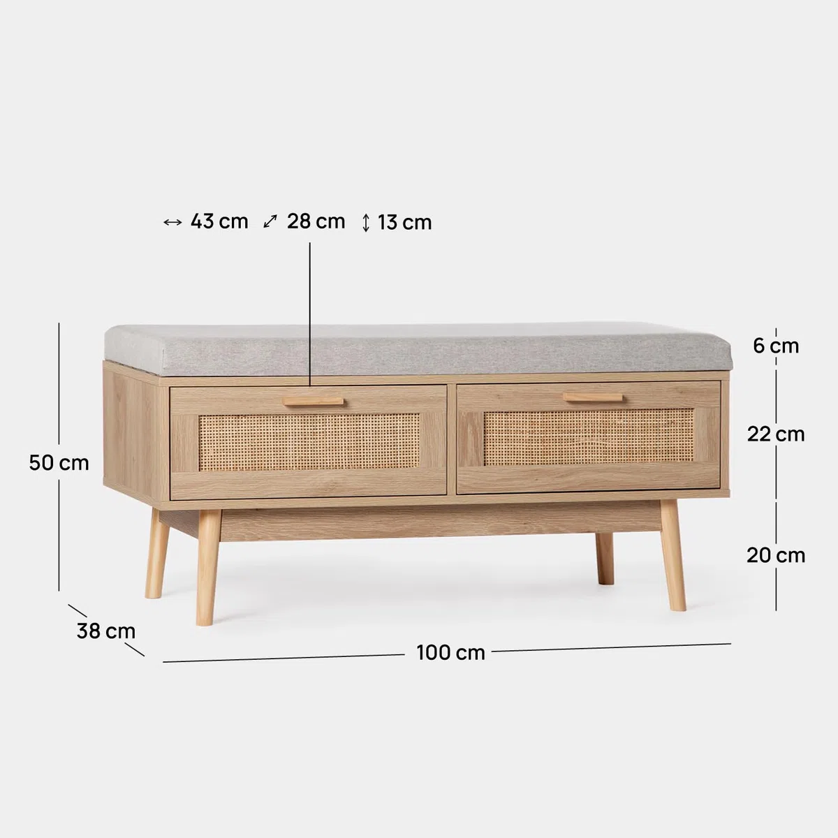 KLAST Banco en Madera y Ratán Natural con Cojín Tahiti, Incluye Dos Cajones y Aporta un Toque Natural y Confort a Cualquier Espacio.
