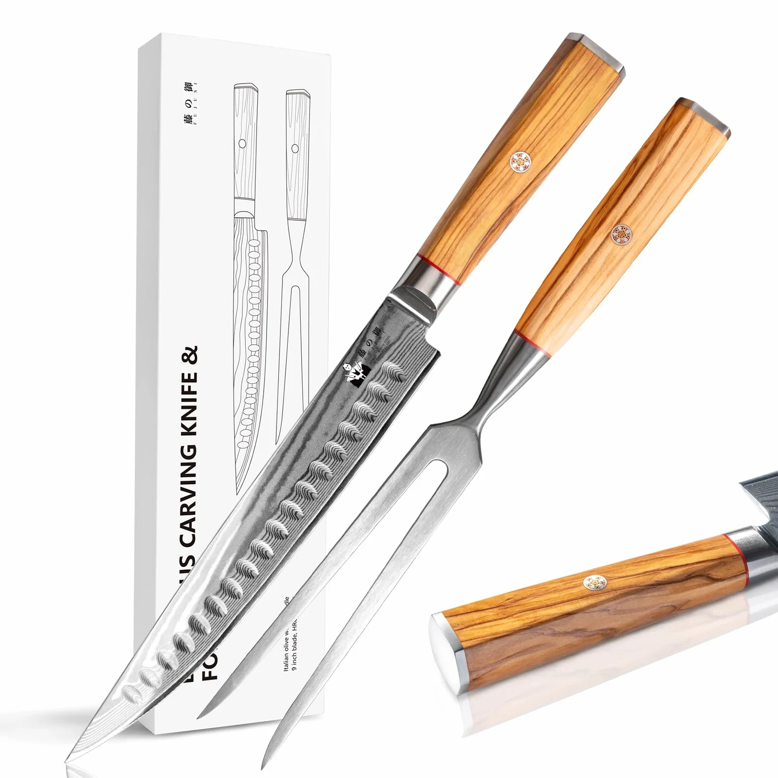 Set de Cuchillos Para Trinchar 2 Piezas, Cuchillo Rebanador de 22,5cm y Tenedor, Cuchillo para Carne de Acero Damasco de 67 Capas, Núcleo de Corte VG10 con Mango de Madera de Olivo