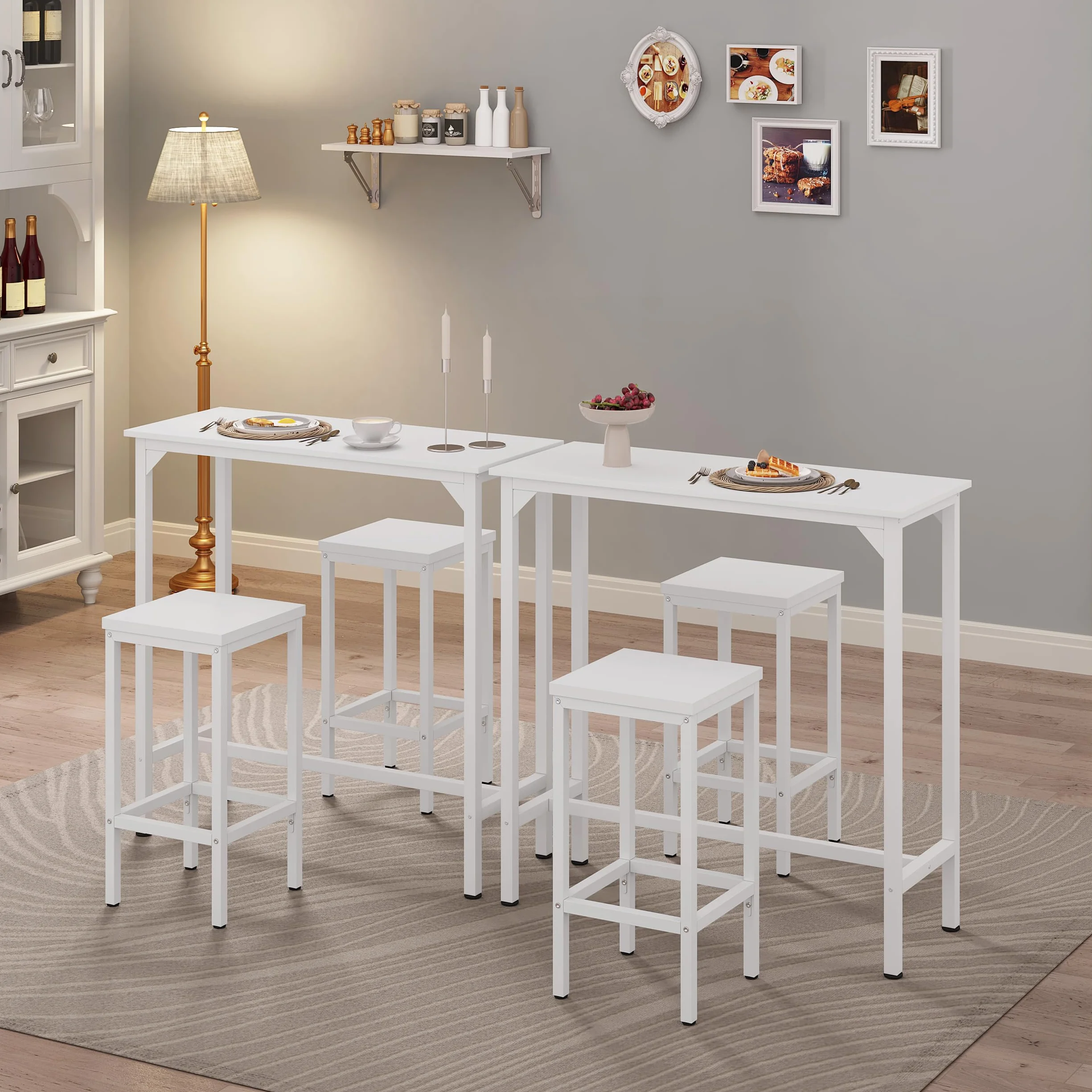 EUGAD Mesa Alta Cocina, Mesa de Bar Estrecha, para Isla de Cocina, Comedor, Barra Bar y Cafeteria, Marco Metalico, Encimera Madera, Pies Ajustable, Estilo Industrial, Blanco, 100x40x100 cm