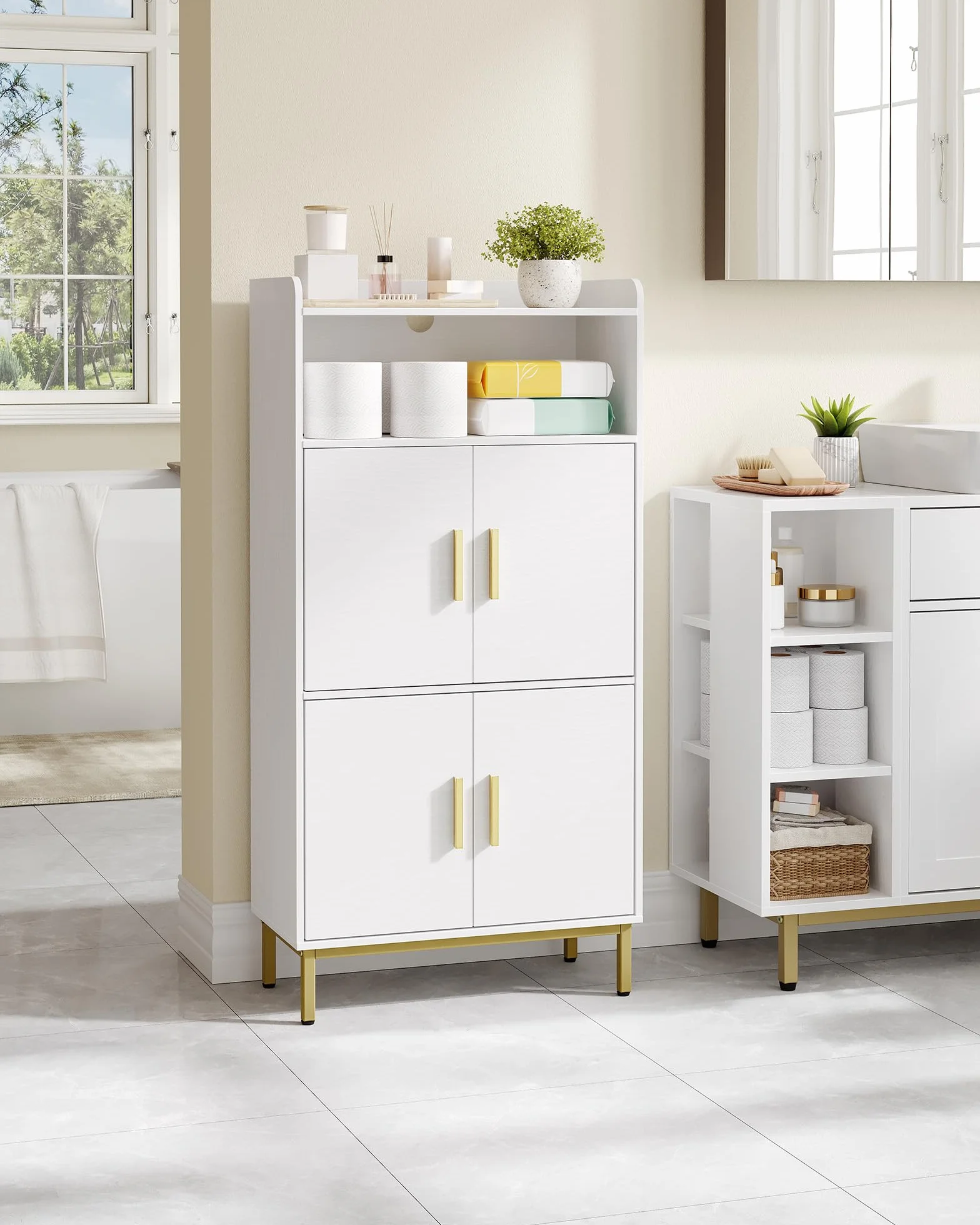 Hzuaneri Armario de Baño, Armario de Almacenamiento, 2 Puertas de Mueble y 1 Espacio Abierto, Estantes Ajustables, Baño de Casa, Sala de Estar, Estudio, Dormitorio, 30 x 60 x 120 cm, Blanco SC45613G