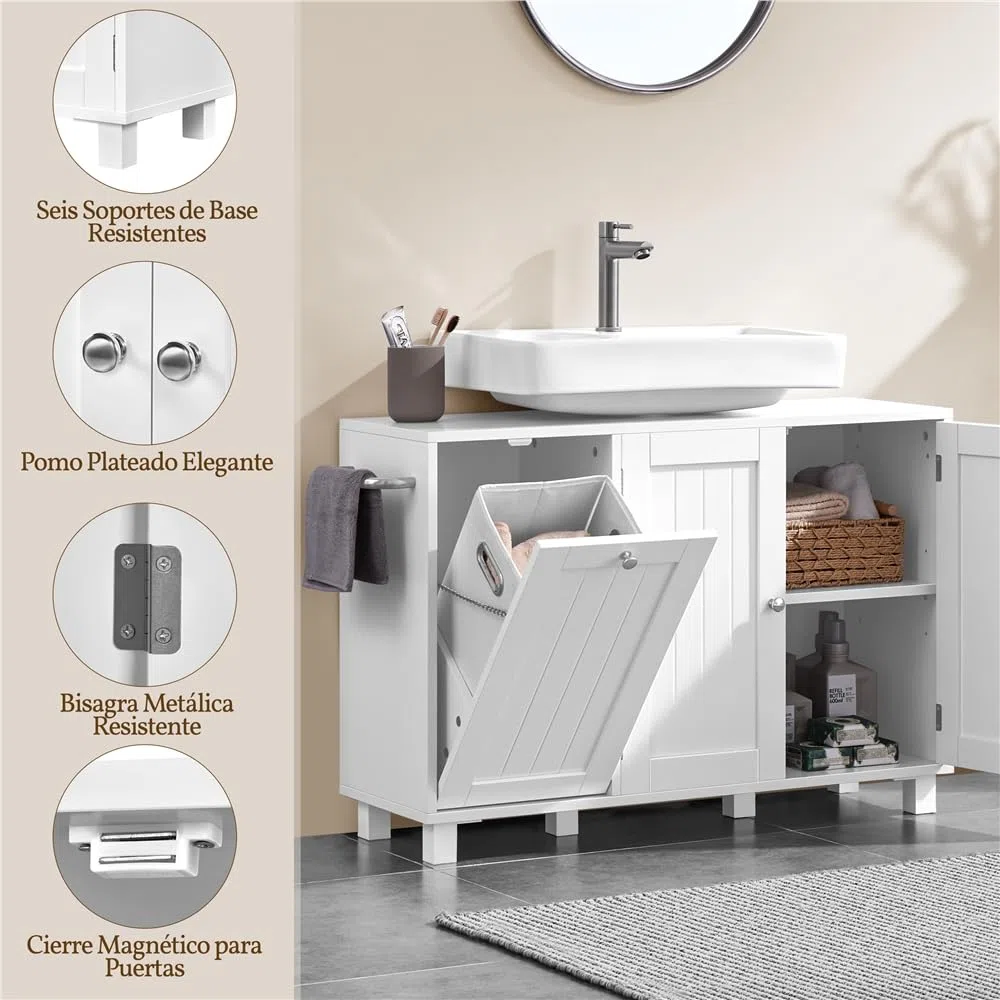 Yaheetech 2 Mueble Bajo Lavabo con Cestos para Ropa Sucia Mueble Baño sin Lavabo con 1 Bolsa Interior Extraíble 90x30x62,5 cm 2 Puertas Armario de Almacenamiento Blanco