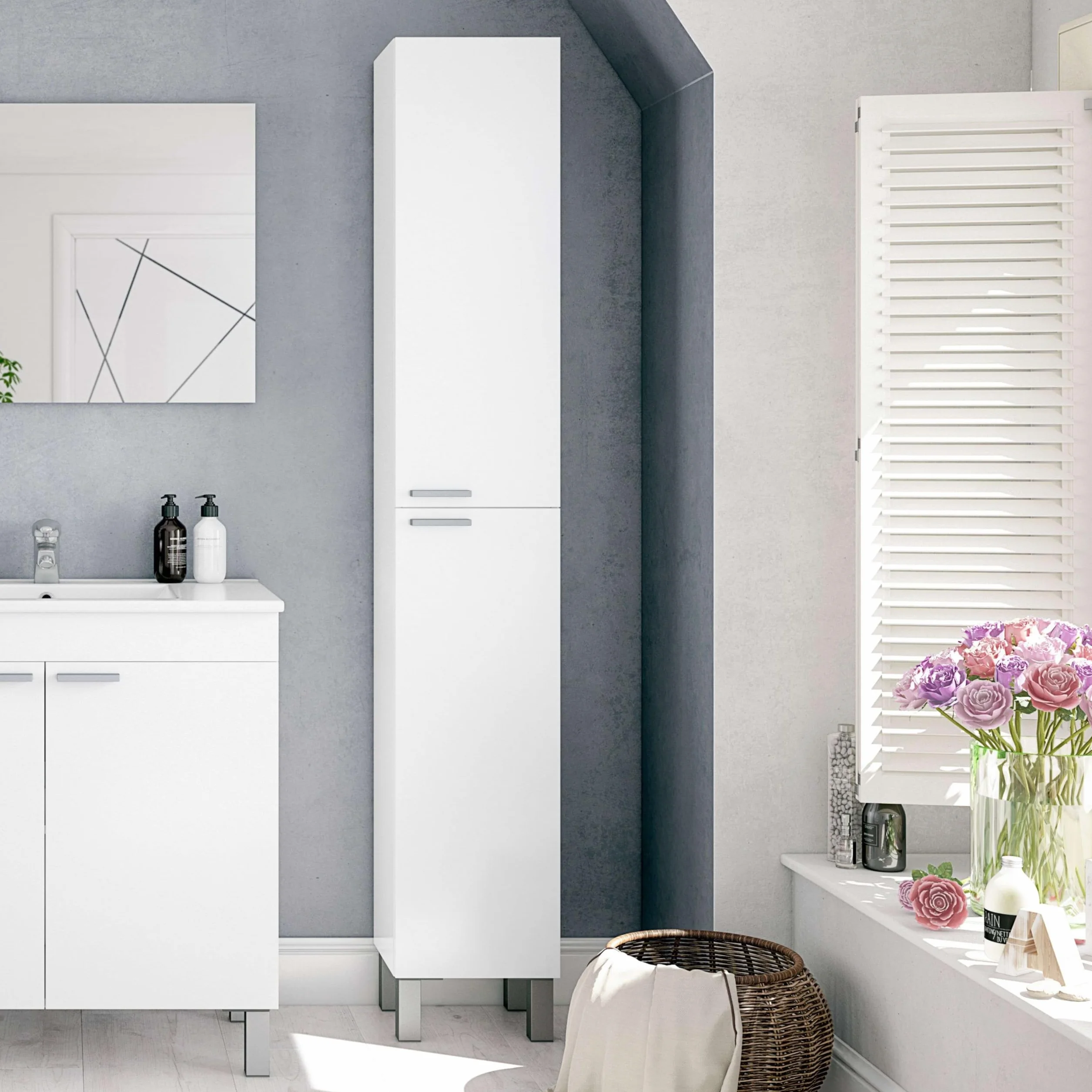 ARKITMOBEL– Columna de Baño Alta con 2 Puertas y 4 Patas, Mueble Auxiliar de Baño, Color Blanco Brillo, 30x182x25 cm – Modelo Koncept
