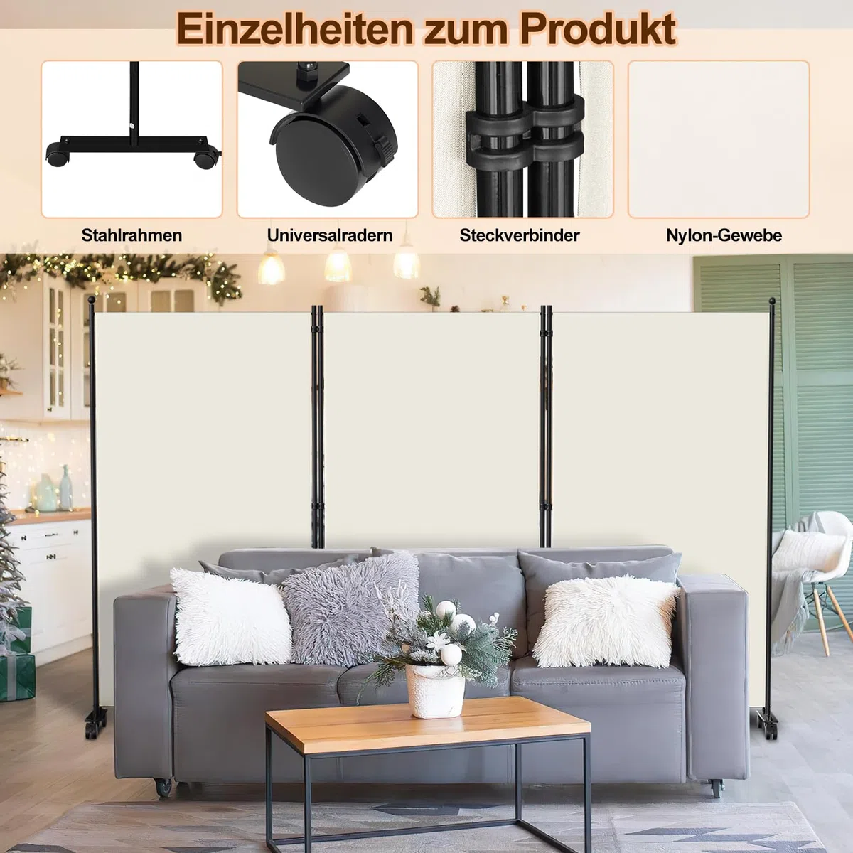 Biombo biombo con ruedas, divisor plegable de 3 piezas, 263 x 181 x 30 cm, para dormitorio, protección visual de fibra de poliéster, fácil instalación (beige)