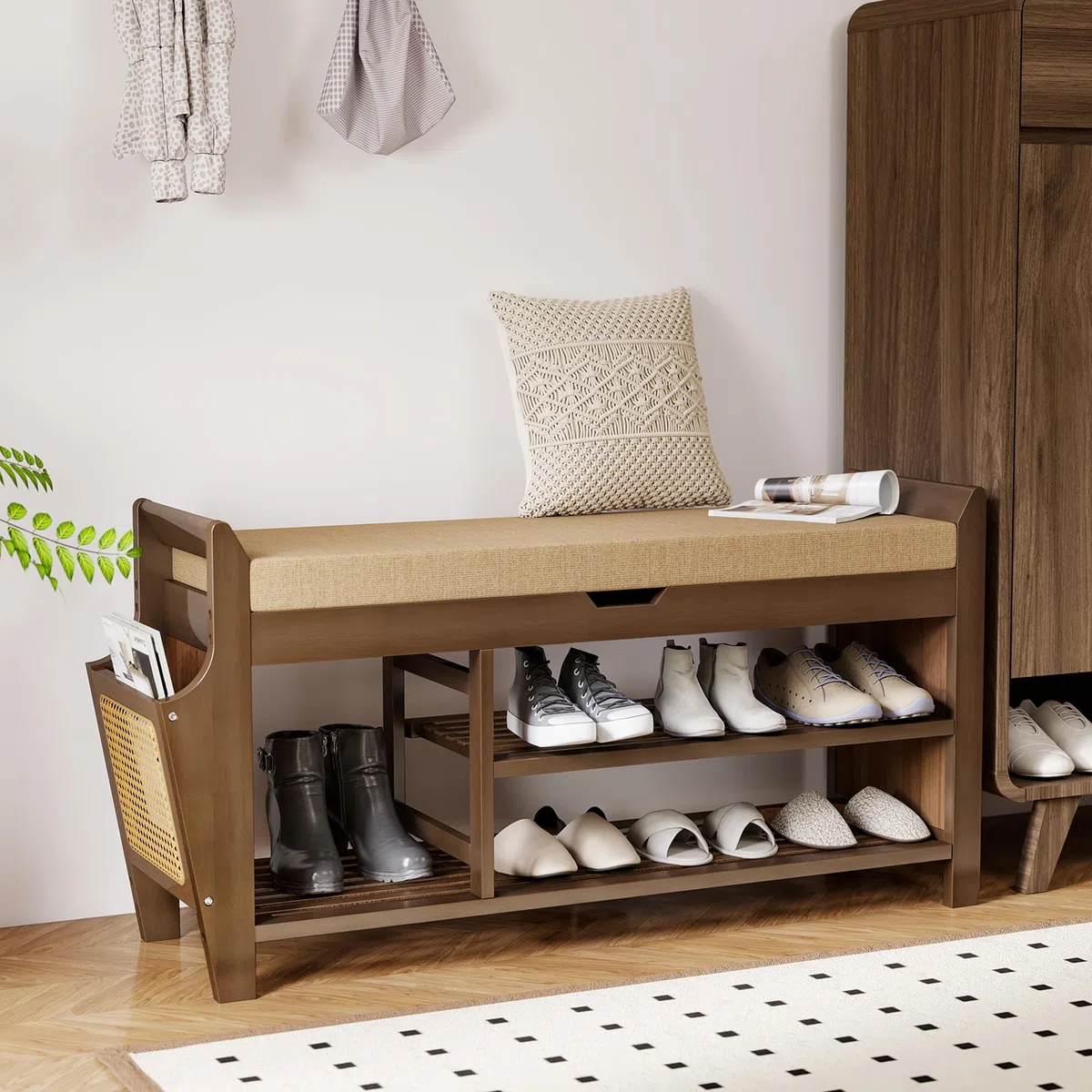 Pamapic Banco Zapatero, Banco Zapatero con Asiento, Mueble de Recibidor de 3 Niveles, Almacenamiento Oculto, Compartimento de Almacenaje para Entrada, Dormitorio, 100 x 30 x 50 cm