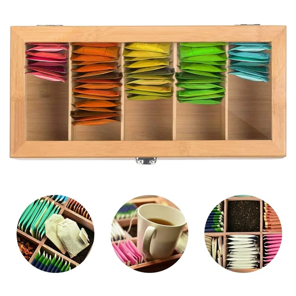 de Bambú Multifuncional Bolsa de Té Organizador de Joyas Caja de Almacenamiento 5 Compartimentos Caja de Té Organizador Contenedor de AzúCar