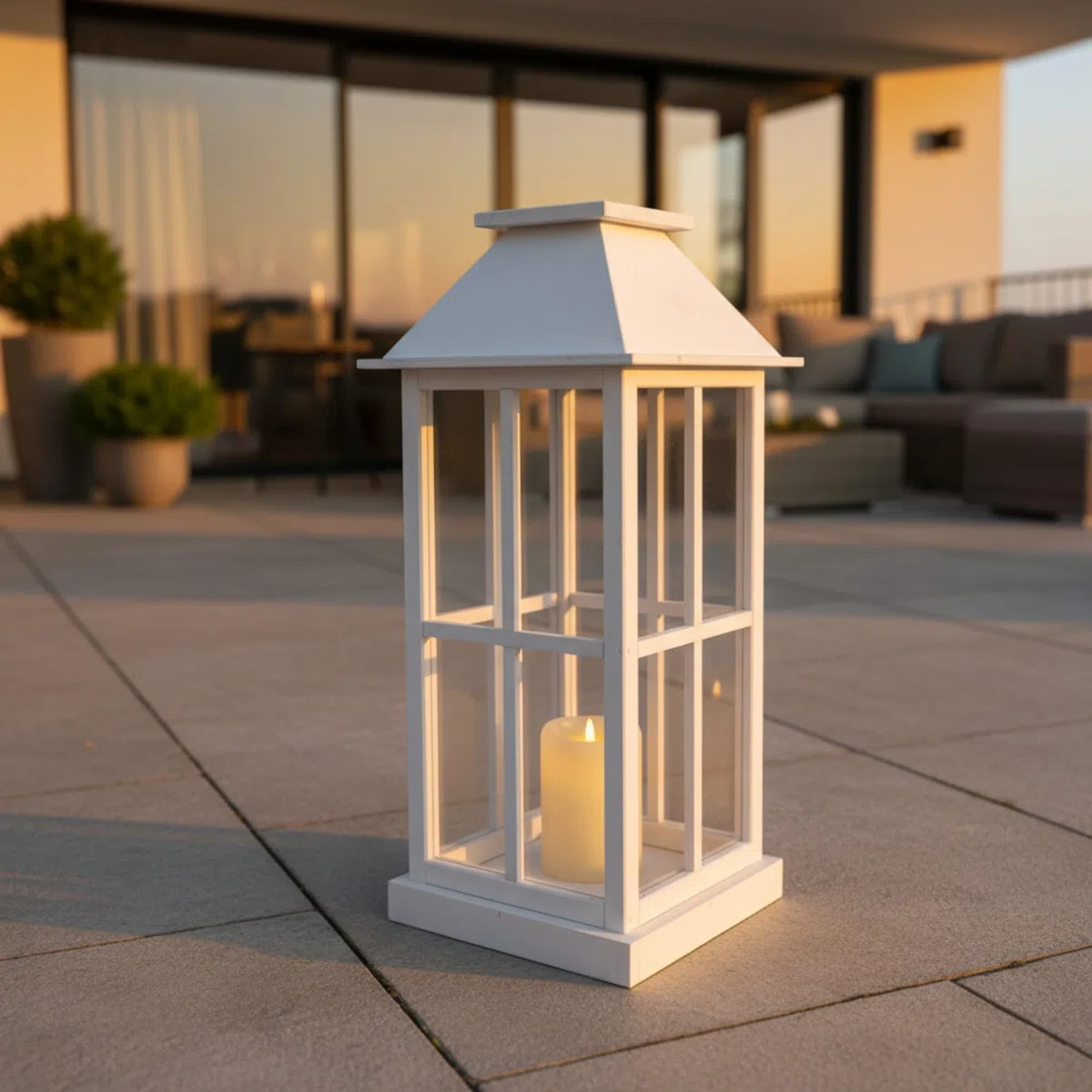 WEECO Farolillo grande de madera blanca de 74 cm – Elegante lámpara decorativa con plexiglás para salón, balcón, terraza y jardín