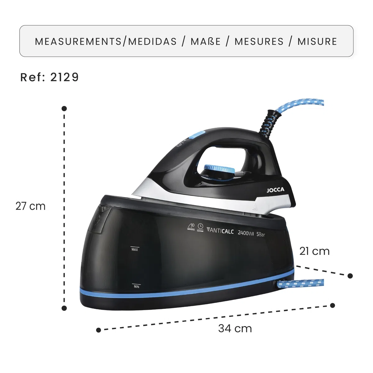 Jocca - Centro de planchado 2400W con vapor continuo y golpe de vapor | 5 bares de presión | Depósito 2 L | Suela cerámica MAX | Antical y autolimpieza | Planchado vertical y horizontal