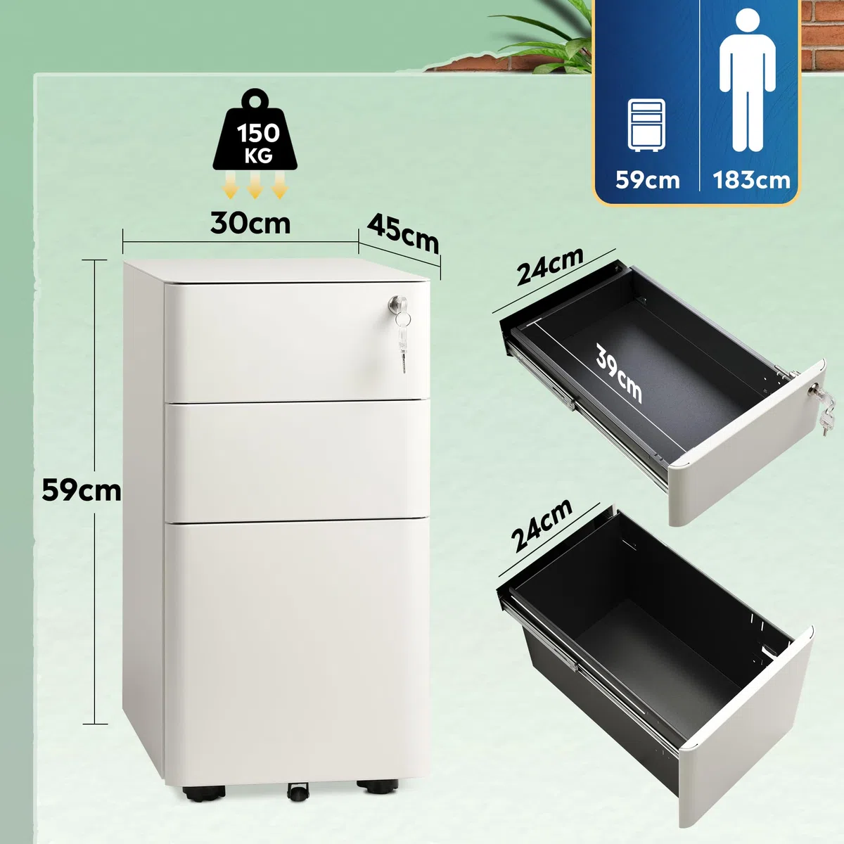 DEVAISE Carrito de Oficina con 3 Cajones Bloqueables, Mueble Bajo Escritorio Multifunción, Repositorio para Impresora y Archivador con Ruedas, Blanco