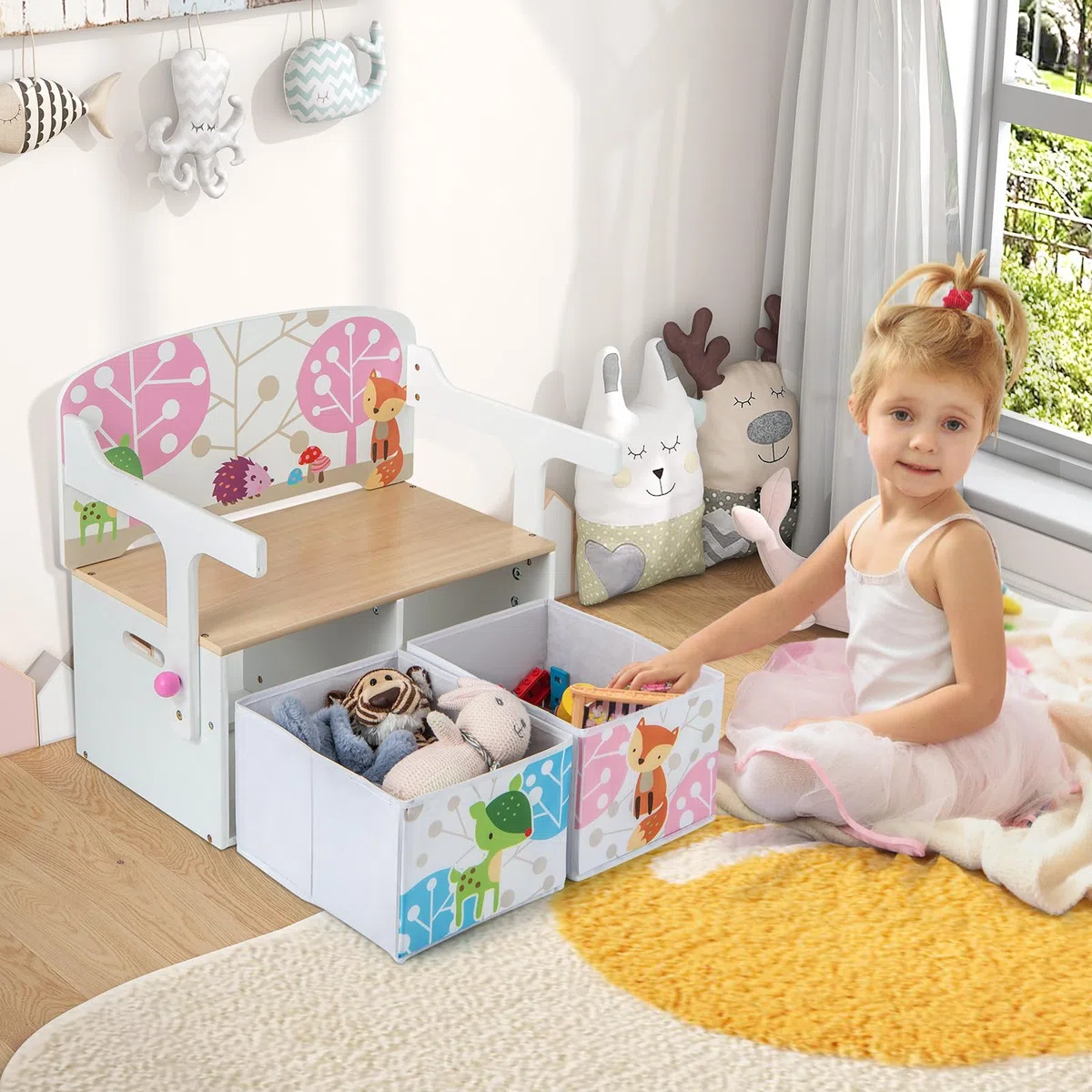 RELAX4LIFE 3 en 1 Baúl Juguetes Infantil de Madera, Juego de Mesa y Silla Infantil con Banco Convertible, Caja Almacenaje, Respaldo y Reposabrazos, Mesa y Sillas para Niños 3-7 Años (Rosa)