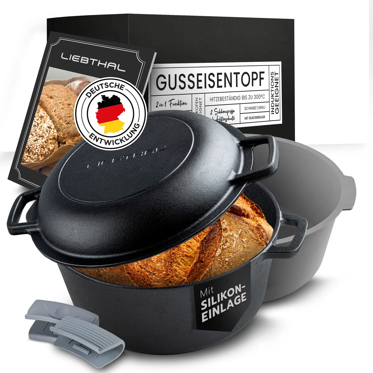 LIEBTHAL Olla de Hierro Fundido Con Tapa de 4,6 L, Sartén Robusta Para Hornear Pan, Freír y Guisar, Inserto de Silicona Antiadherente a Medida