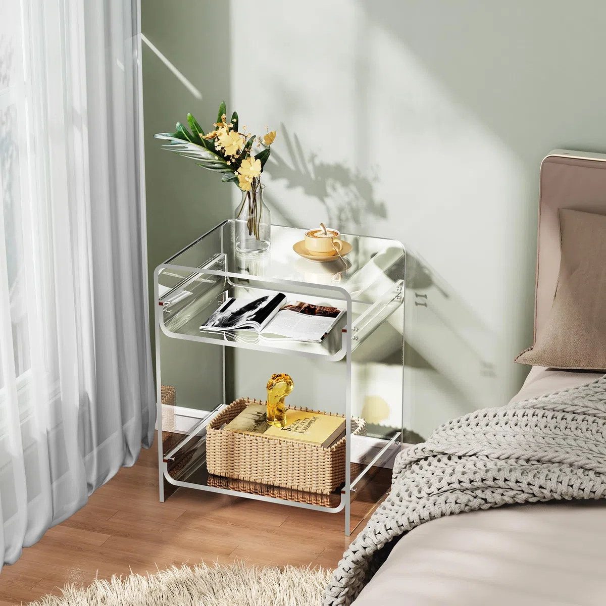 Mesa Auxiliar de Acrílico, Mesita de Noche, pequeña Transparente para Sala de Estar, Dormitorio (Claro)