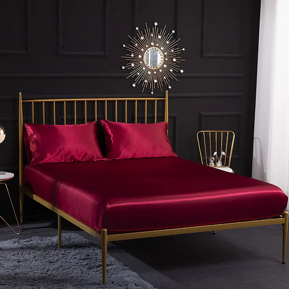 Jemiipee Juego de Sabanas de Cama Raso Color Sólido, 1 x Sábana Bajera Ajustable 180x200 cm con 35 Bolsillo Profundo, 1 x Encimera y 2 x Fundas de Almohada, Rojo Burdeos