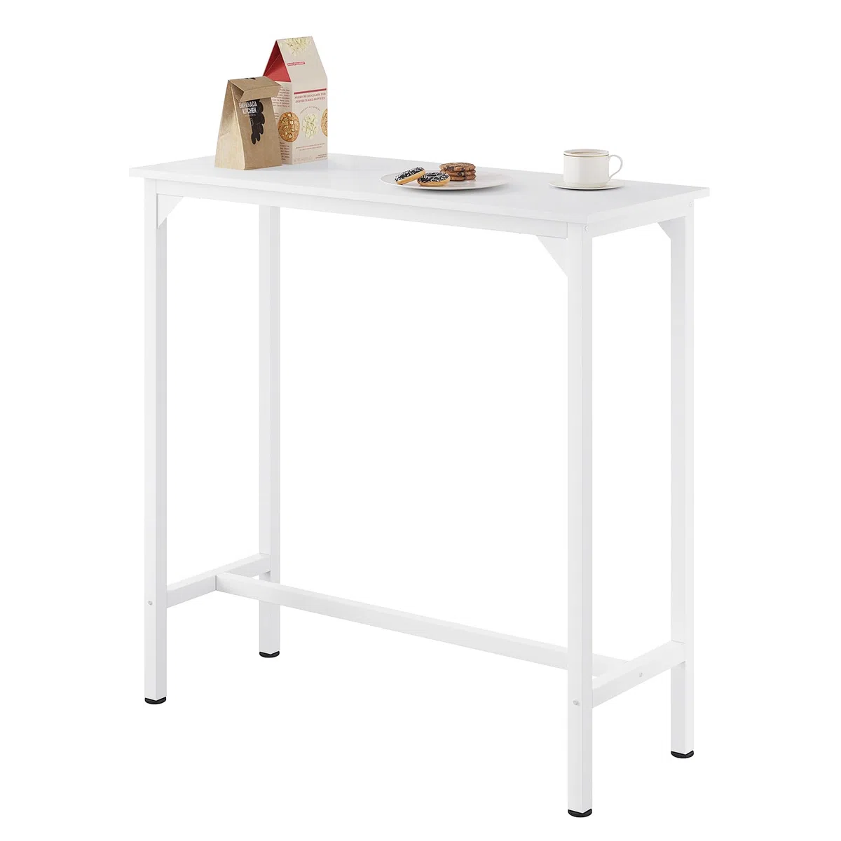 EUGAD Mesa Alta Cocina, Mesa de Bar Estrecha, para Isla de Cocina, Comedor, Barra Bar y Cafeteria, Marco Metalico, Encimera Madera, Pies Ajustable, Estilo Industrial, Blanco, 100x40x100 cm