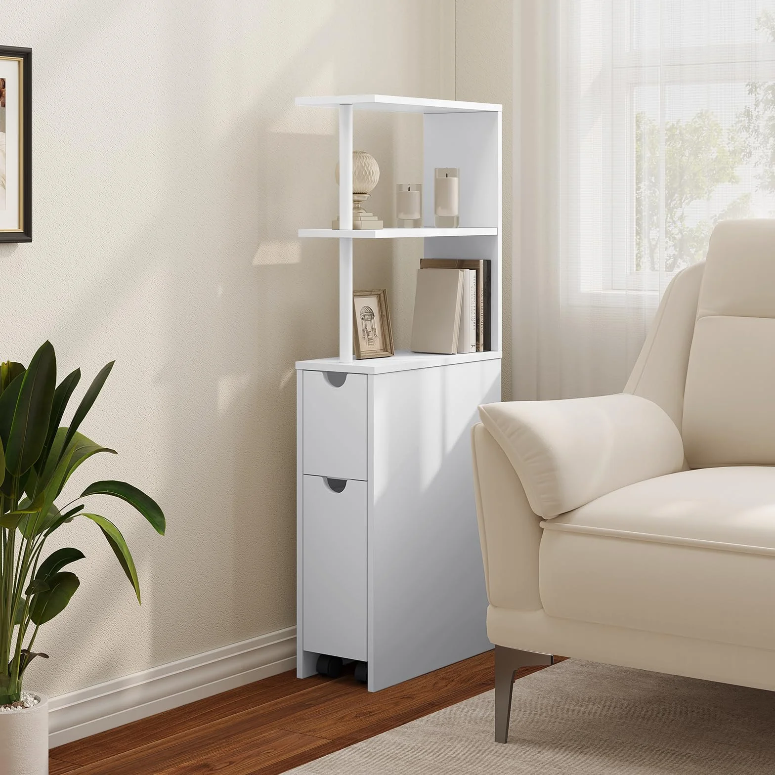 EUGAD Mueble Auxiliar Baño, Armario Baño Estrecho, Columna con 2 Cajones y 2 Estantes, 19 x 45 x 113 cm, Armario Alto para Cocina, Salón, Dormitorio, Blanco 0207WY