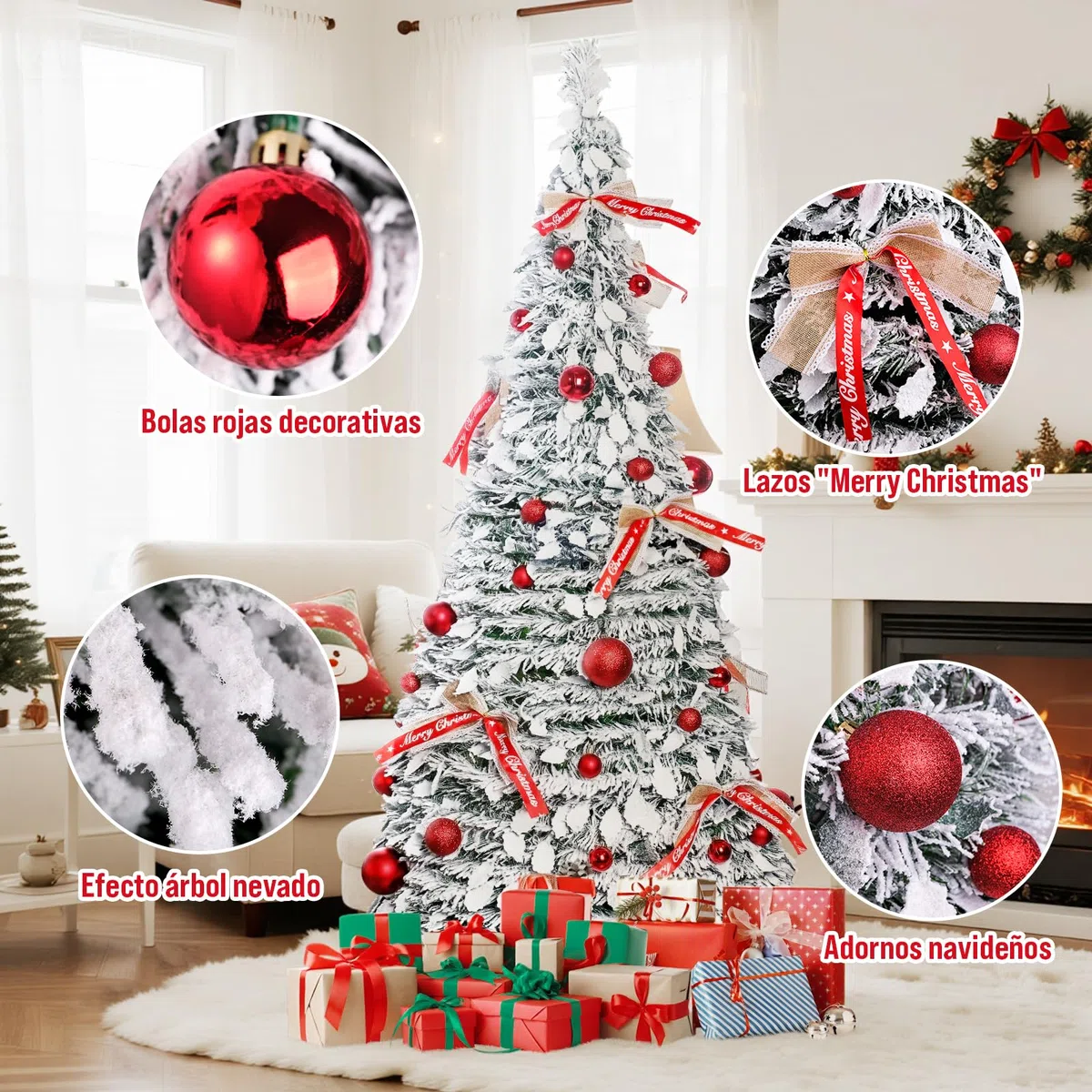 210cm Árbol de Navidad Plegable, árbol de Navidad Artificial en Blanco nevado con Adornos navideños y Lazos, Montaje fácil, decoración para Fiestas navideñas