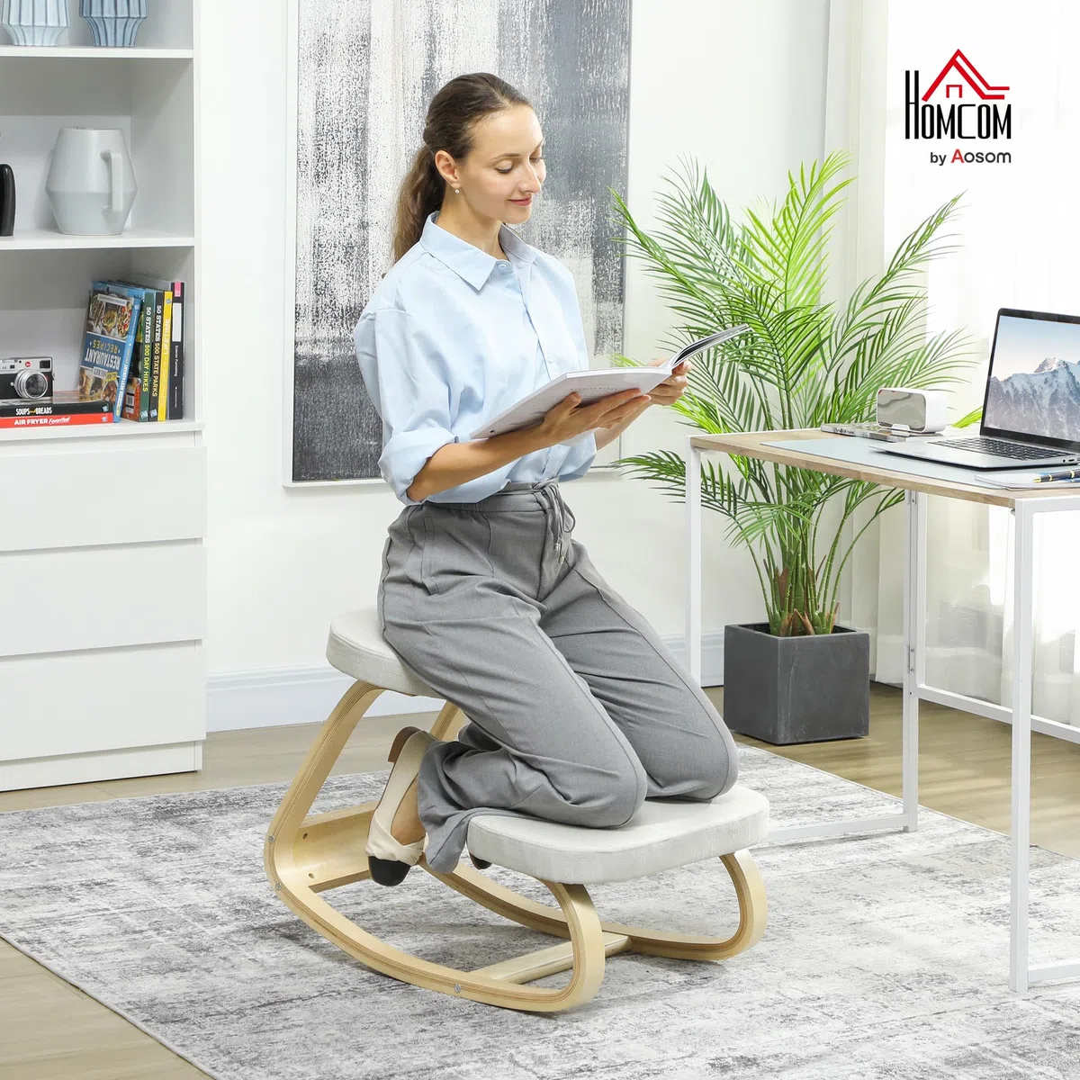 HOMCOM - Asiento de rodillas, asiento ergonómico de madera, mecedora, silla de rodillas, para oficina en casa, mejora la postura, dolor de espalda, crema
