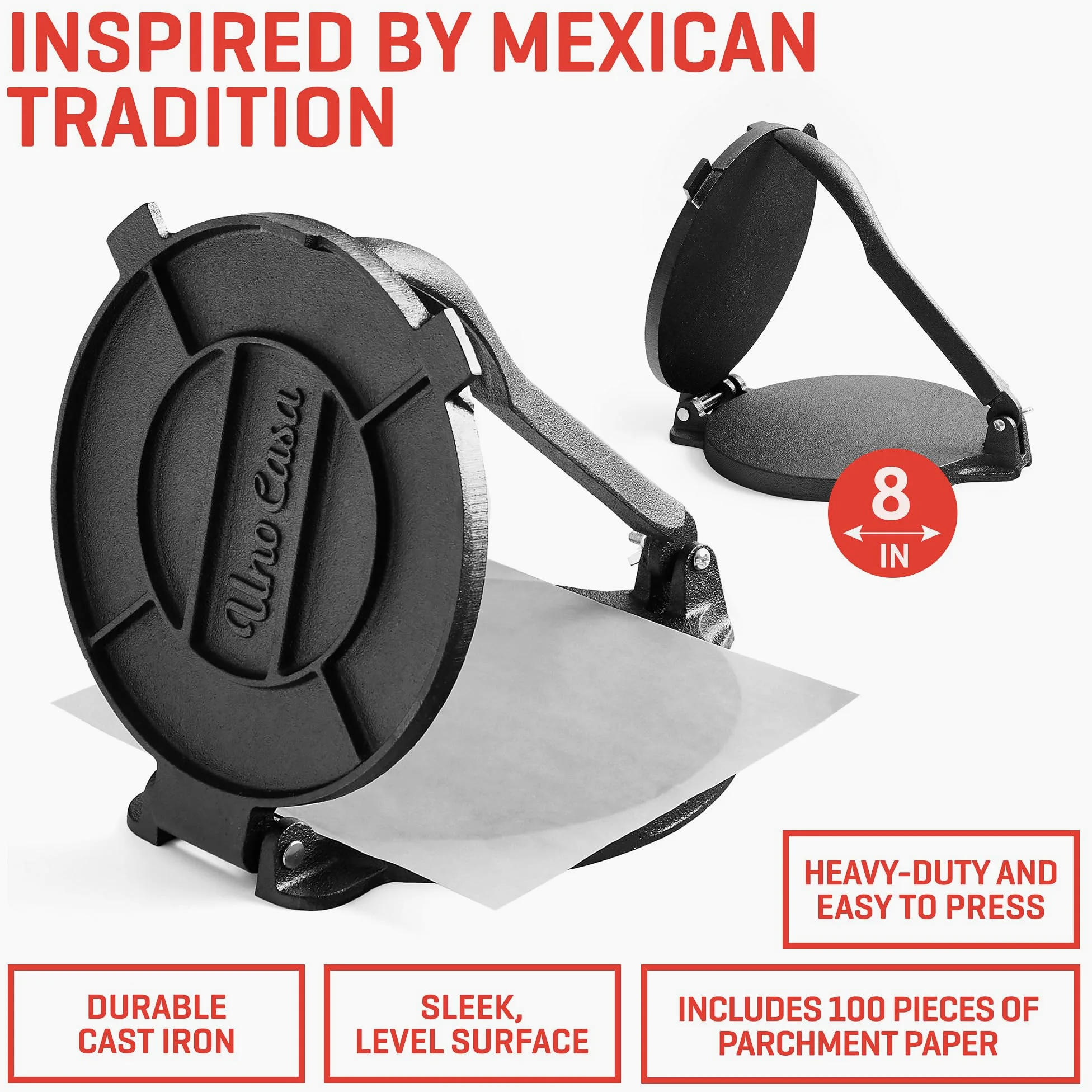 Uno Casa - Master Kit - Prensa de tortillas de 8 pulgadas con bandeja para comal, 4 soportes para tacos y calentador de tortillas, regalo único para amigos o familiares