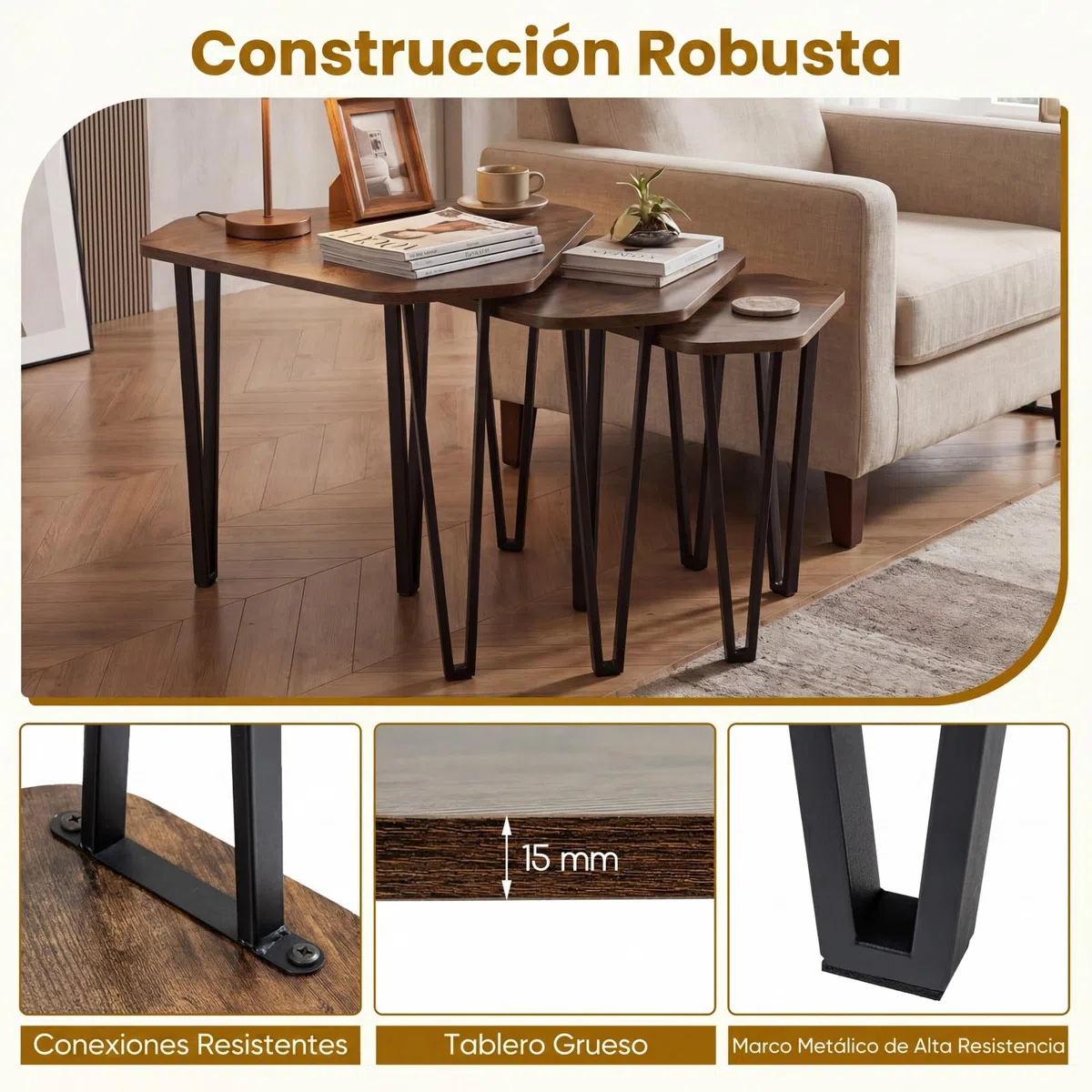 COSTWAY Juego de 3 Mesas de Centro Nido, Mesas Auxiliares Apilables con 3 Tamaños, Estructura de Metal, Muebles Industriales para Salón Dormitorio Oficina