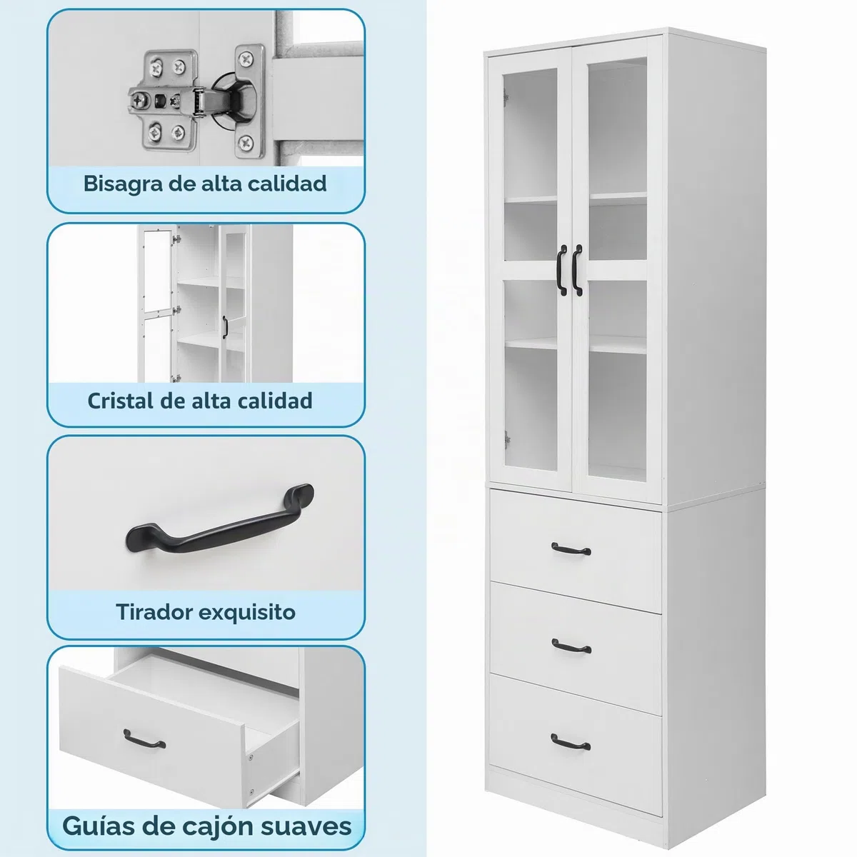 Vitrina blanca, estantería con puertas, armario de cocina grande, armario de despensa, estantería de lujo con luz LED, armario de vitrina con estantes para sala de estar, dormitorio (60 W x 40D x 200