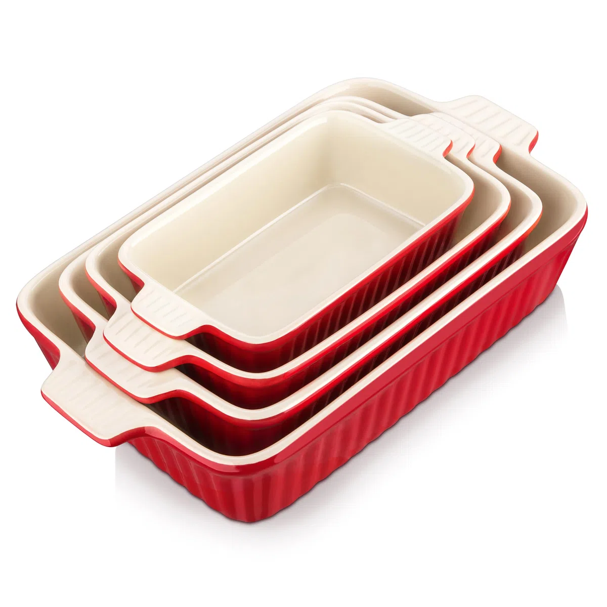 MALACASA Juego de 4 Porcelana Molde Para Pan y Bandeja Para Hornear en 4 Tamaños, Plato Hondo Rojo, Serie BAKE