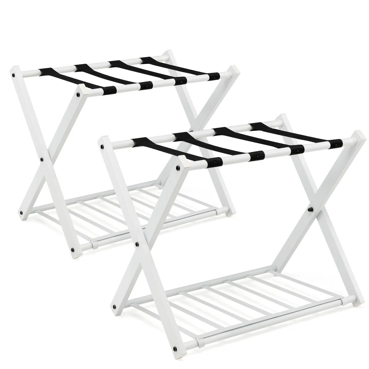 HOMASIS Estante para equipaje plegable, Soporte de metal para maletas y bolsas con estante, Portaequipajes con diseño de 2 niveles, para habitación, hotel, 68x43x56cm (Blanco, 2)