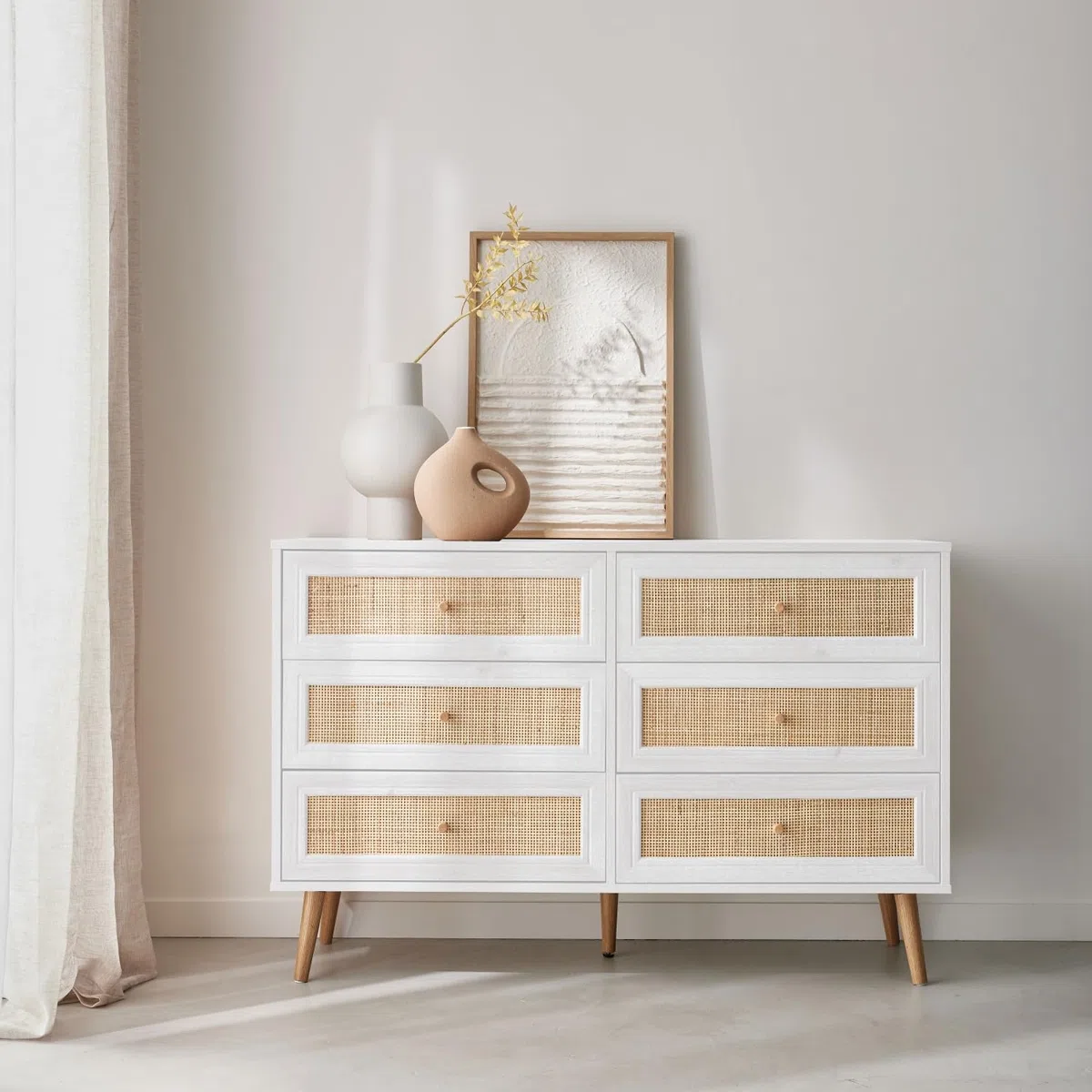 sweeek-Cómoda de 6 cajones con Efecto Madera y caña Blanco Roto - 120x39x79 cm