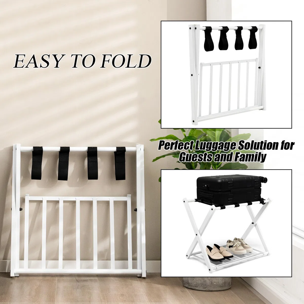 HOMASIS Estante para equipaje plegable, Soporte de metal para maletas y bolsas con estante, Portaequipajes con diseño de 2 niveles, para habitación, hotel, 68x43x56cm (Blanco, 2)