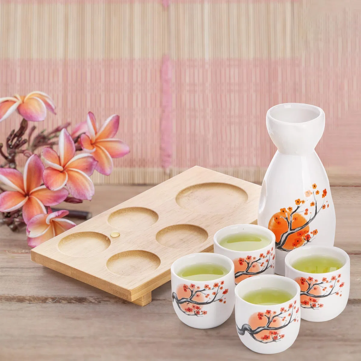 Tosnail Juego de sake japonés de cerámica, 1 jarra para servir, 4 tazas de sake y 1 bandeja de bambú, flor de naranja