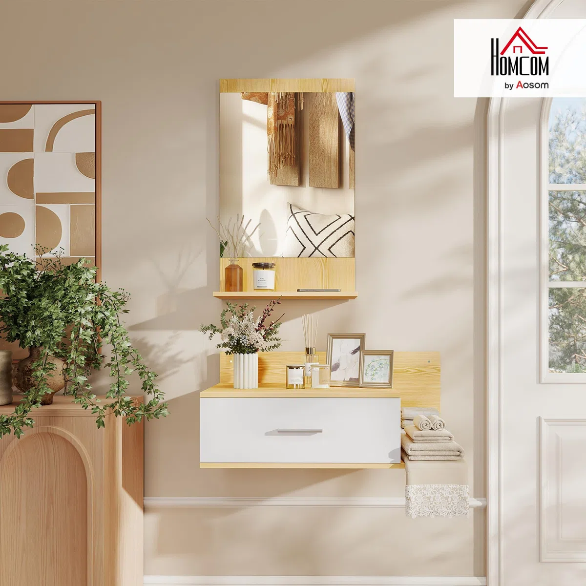 HOMCOM Conjunto de Recibidor de Entrada de Pared con Espejo, Cajón y 2 Estantes Abiertos, Muebles Recibidor para Pasillo, Madera Natural